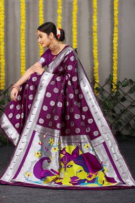 Magenta woven paithani silk saree with blouse 2