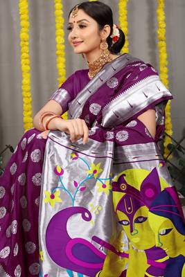 Magenta woven paithani silk saree with blouse 4