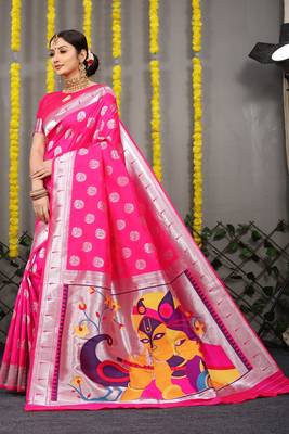 Pink woven paithani silk saree with blouse 1