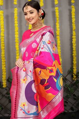 Pink woven paithani silk saree with blouse 3