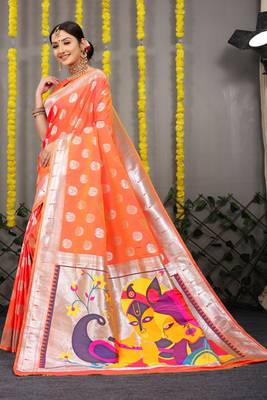 Orange woven paithani silk saree with blouse 1