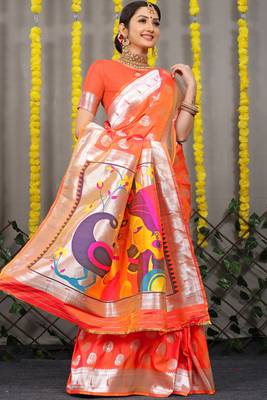 Orange woven paithani silk saree with blouse 2