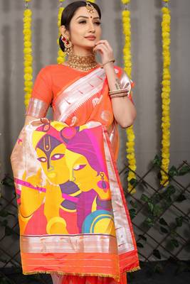 Orange woven paithani silk saree with blouse 3