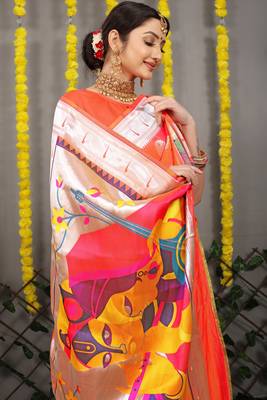 Orange woven paithani silk saree with blouse 4
