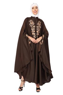 ENTIRE Creep Fabric Embroidered Abaya Kaftan with Hijab of Brown Color for Girls, Ladies, Women, Burkha 1