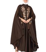 ENTIRE Creep Fabric Embroidered Abaya Kaftan with Hijab of Brown Color for Girls, Ladies, Women, Burkha
