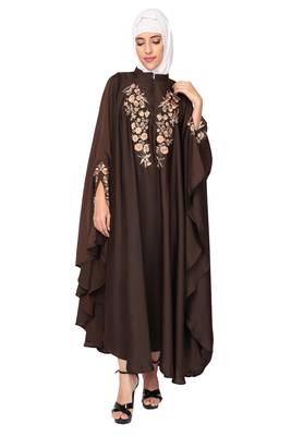 ENTIRE Creep Fabric Embroidered Abaya Kaftan with Hijab of Brown Color for Girls, Ladies, Women, Burkha 2