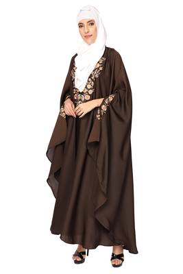 ENTIRE Creep Fabric Embroidered Abaya Kaftan with Hijab of Brown Color for Girls, Ladies, Women, Burkha 3