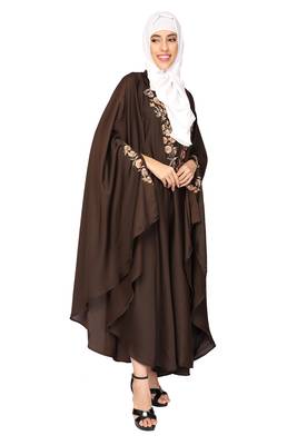 ENTIRE Creep Fabric Embroidered Abaya Kaftan with Hijab of Brown Color for Girls, Ladies, Women, Burkha 4