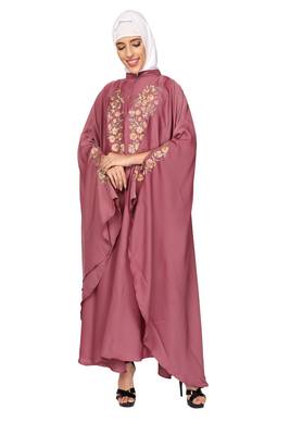 ENTIRE Creep Fabric Embroidered Abaya Kaftan with Hijab of Pink Color for Girls, Ladies, Women, Burkha 2