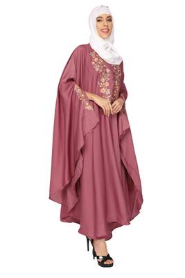 ENTIRE Creep Fabric Embroidered Abaya Kaftan with Hijab of Pink Color for Girls, Ladies, Women, Burkha 4