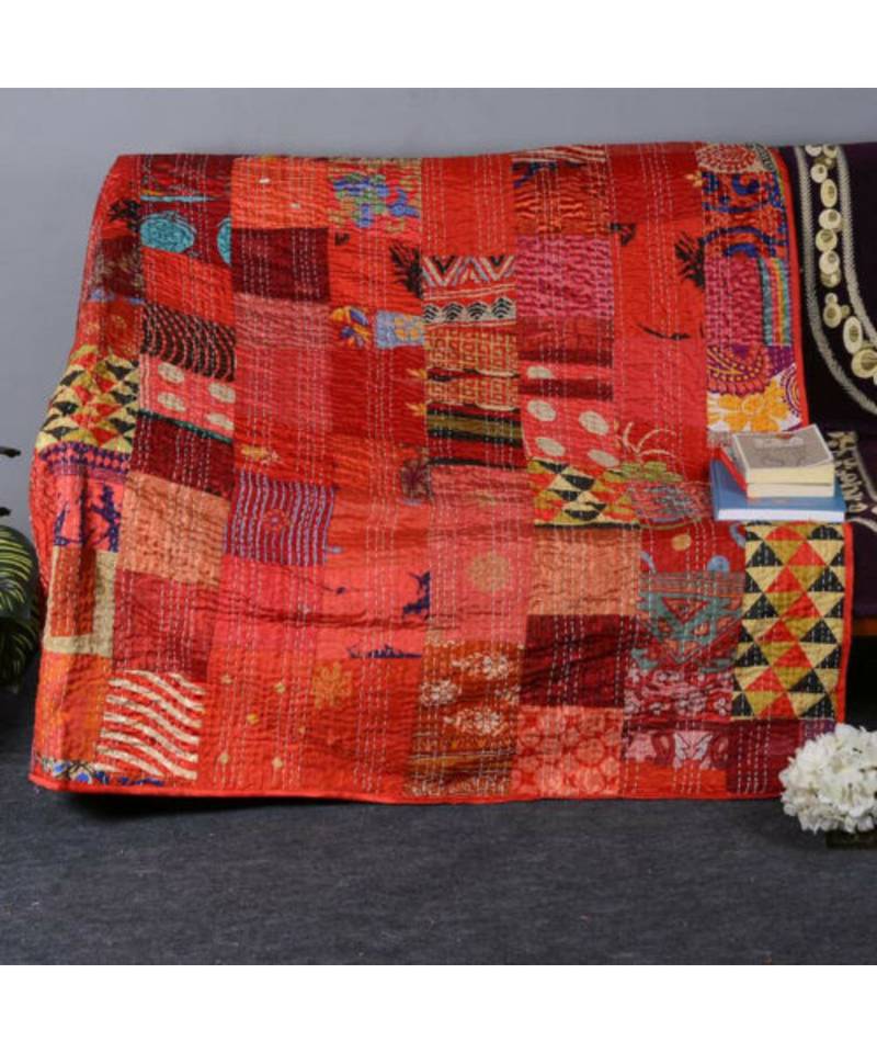 Queen Indian Handmade 100%  Cotton Kantha Quilt Blanket Throw Bedspread Vintage Quilt