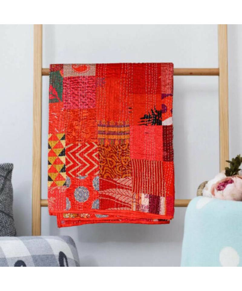 King Size Bohemian Patchwork Quilt Kantha Quilt Handmade Vintage Quilt Boho Bed