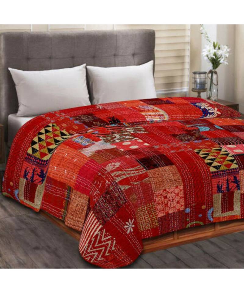 King Size Bohemian Patchwork Quilt Kantha Quilt Handmade Vintage Quilt Boho Bed