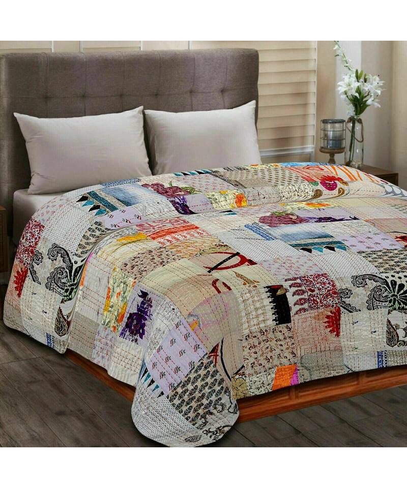 King Size Indian Handmade Vintage Old Saree Patchwork Bedding Kantha Quilt Boho