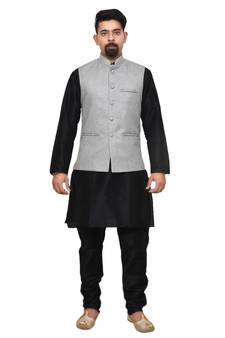 MAG Men's Black Matching Silk Kurta Churidhar With Gray Joot Waistcoat