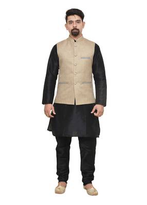 MAG Men's Black Matching Silk Kurta Churidhar With Coffee Colour Joot Waistcoat 1