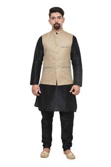 MAG Men's Black Matching Silk Kurta Churidhar With Coffee Colour Joot Waistcoat