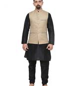 MAG Men's Black Matching Silk Kurta Churidhar With Coffee Colour Joot Waistcoat