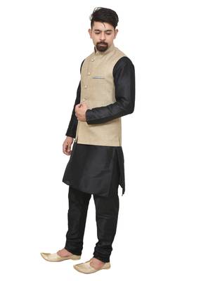 MAG Men's Black Matching Silk Kurta Churidhar With Coffee Colour Joot Waistcoat 2