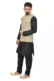 MAG Men's Black Matching Silk Kurta Churidhar With Coffee Colour Joot Waistcoat