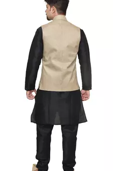 MAG Men's Black Matching Silk Kurta Churidhar With Coffee Colour Joot Waistcoat