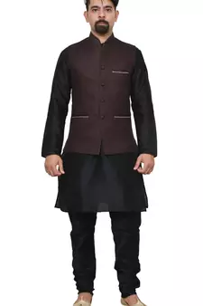 MAG Men's Black Matching Silk Kurta Churidhar With Pink Voilet Joot Waistcoat