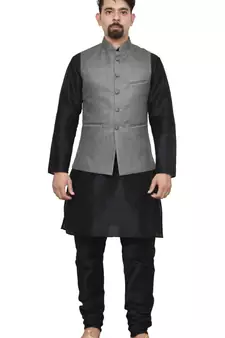 MAG Men's Black Matching Silk Kurta Churidhar With Gray 1st Joot Waistcoat