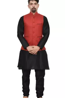 MAG Men's Black Matching Silk Kurta Churidhar With Red Joot Waistcoat