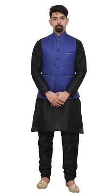 MAG Men's Black Matching Silk Kurta Churidhar With Royal Blue Joot Waistcoat 1