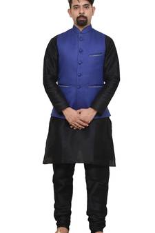 MAG Men's Black Matching Silk Kurta Churidhar With Royal Blue Joot Waistcoat
