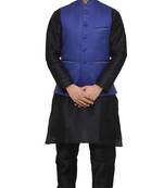 MAG Men's Black Matching Silk Kurta Churidhar With Royal Blue Joot Waistcoat