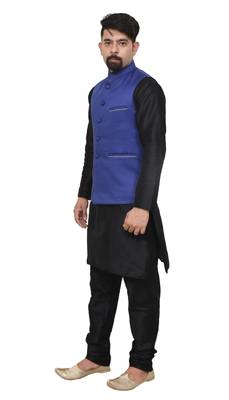 MAG Men's Black Matching Silk Kurta Churidhar With Royal Blue Joot Waistcoat 2