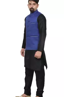 MAG Men's Black Matching Silk Kurta Churidhar With Royal Blue Joot Waistcoat