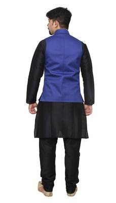MAG Men's Black Matching Silk Kurta Churidhar With Royal Blue Joot Waistcoat 3