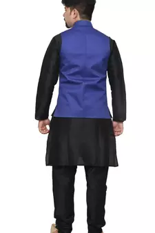 MAG Men's Black Matching Silk Kurta Churidhar With Royal Blue Joot Waistcoat