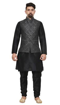 MAG Men's Black Matching Silk Kurta Churidhar With Black 1st Waistcoat 1