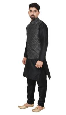 MAG Men's Black Matching Silk Kurta Churidhar With Black 1st Waistcoat 2