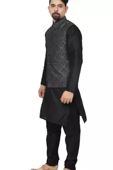 MAG Men's Black Matching Silk Kurta Churidhar With Black 1st Waistcoat