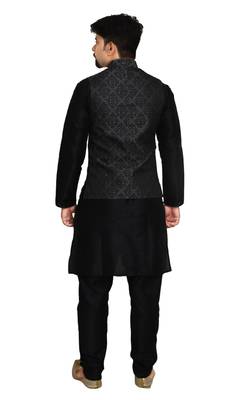 MAG Men's Black Matching Silk Kurta Churidhar With Black 1st Waistcoat 3