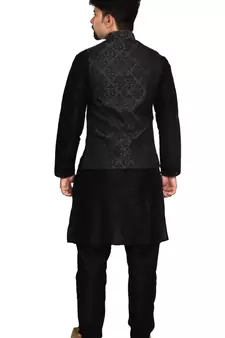 MAG Men's Black Matching Silk Kurta Churidhar With Black 1st Waistcoat
