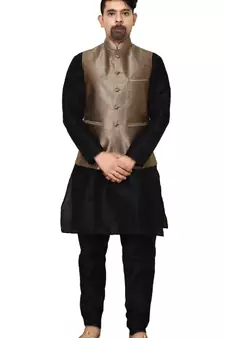 MAG Men's Black Matching Silk Kurta Churidhar With Gold Sparkle Color  Waistcoat