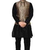 MAG Men's Black Matching Silk Kurta Churidhar With Gold Sparkle Color  Waistcoat