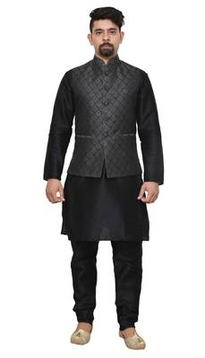 MAG Men's Black Matching Silk Kurta Churidhar With Black 2nd Waistcoat 1