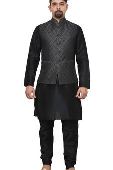 MAG Men's Black Matching Silk Kurta Churidhar With Black 2nd Waistcoat