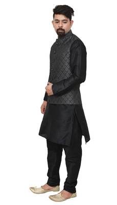 MAG Men's Black Matching Silk Kurta Churidhar With Black 2nd Waistcoat 2