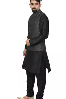 MAG Men's Black Matching Silk Kurta Churidhar With Black 2nd Waistcoat