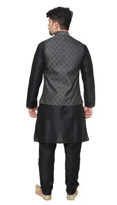MAG Men's Black Matching Silk Kurta Churidhar With Black 2nd Waistcoat 3