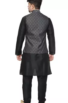 MAG Men's Black Matching Silk Kurta Churidhar With Black 2nd Waistcoat