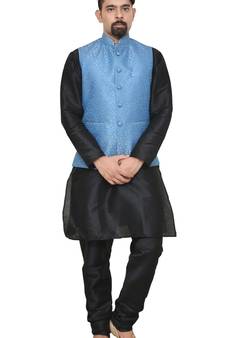 MAG Men's Black Matching Silk Kurta Churidhar With Banarsi Sky Blue Waistcoat